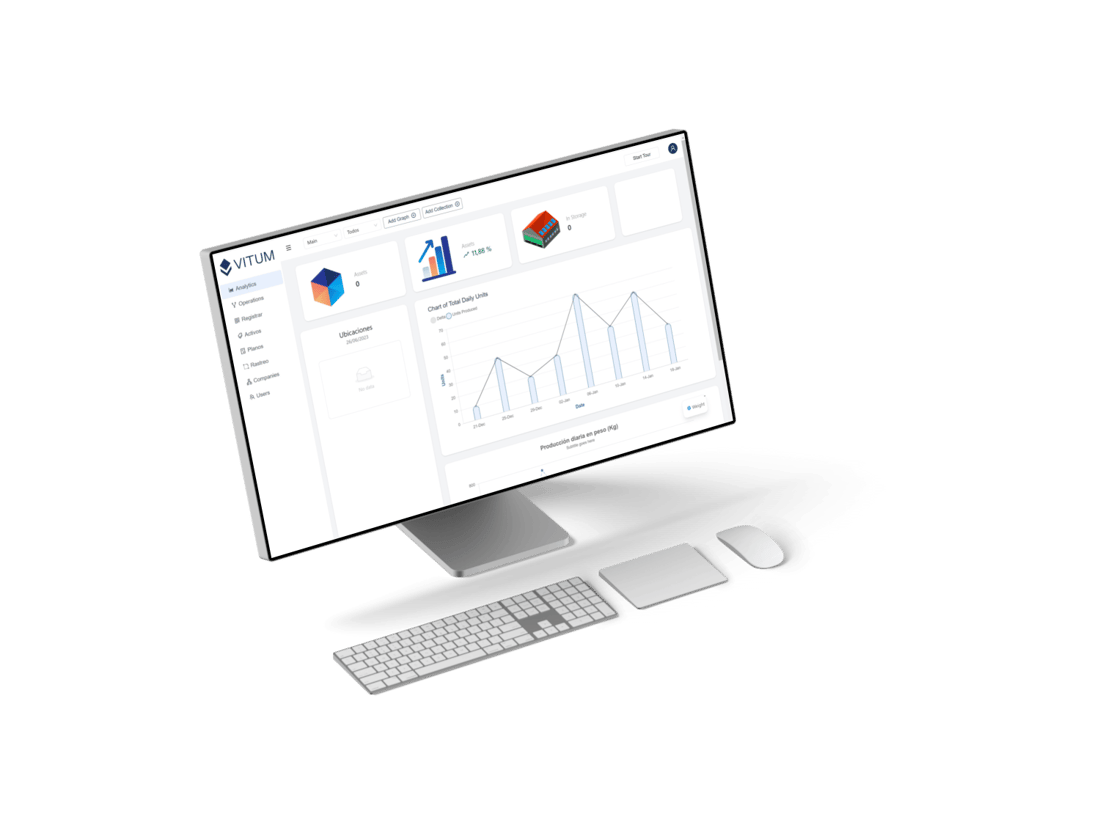 Pantalla de un ordenador mostrando la interfaz de usuario de Vitum con gráficos detallados y análisis de datos que reflejan las operaciones de almacenamiento y logística, destacando cómo Vitum ayuda a monitorizar y optimizar dichas actividades.