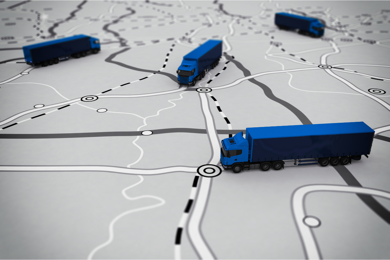 Ilustración 3D que muestra varios camiones en un mapa de carreteras, representando la logística y distribución de mercancías a través de diferentes rutas de transporte.