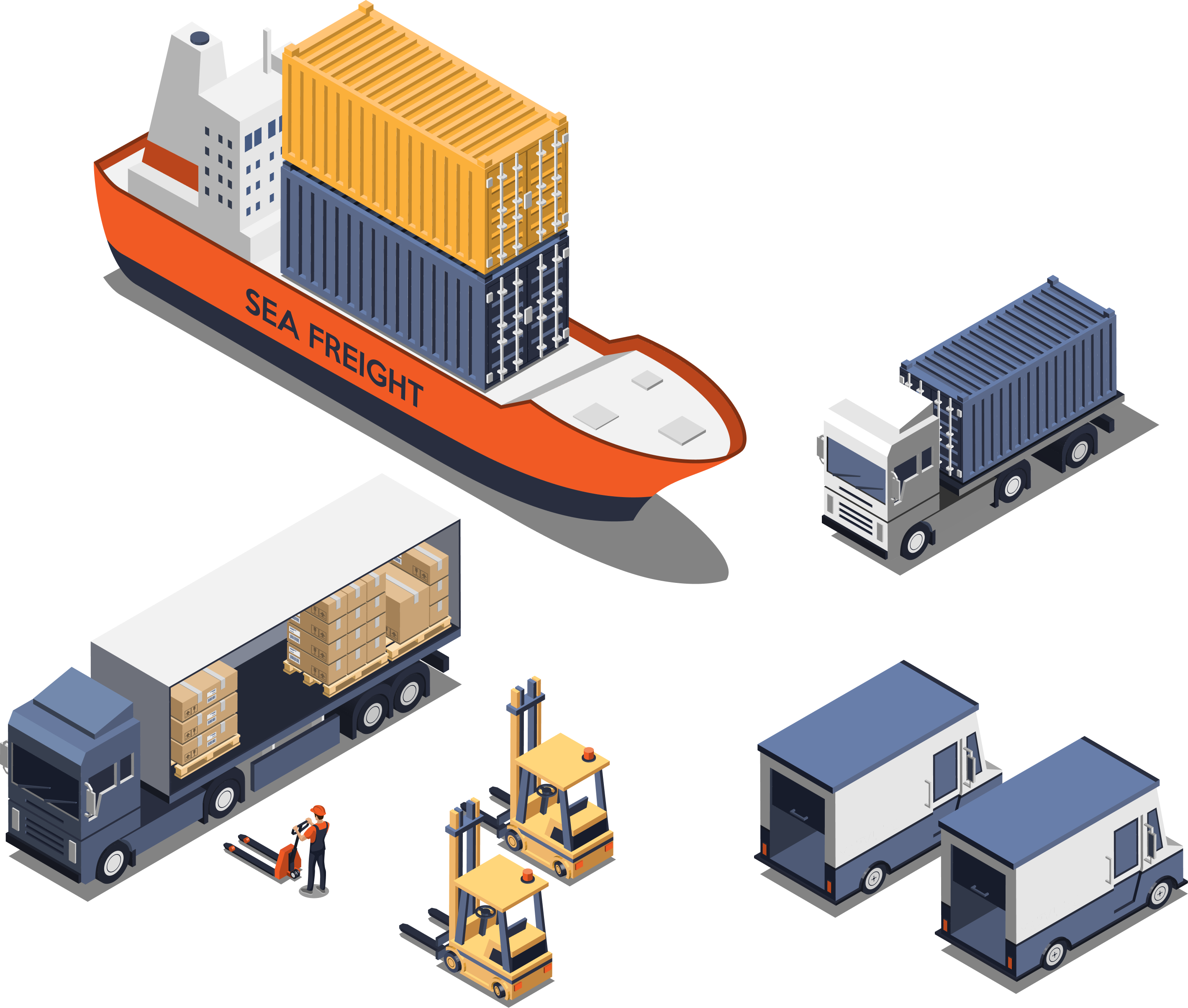 Ilustración isométrica de la logística que incluye diferentes modos de transporte y manejo de carga.