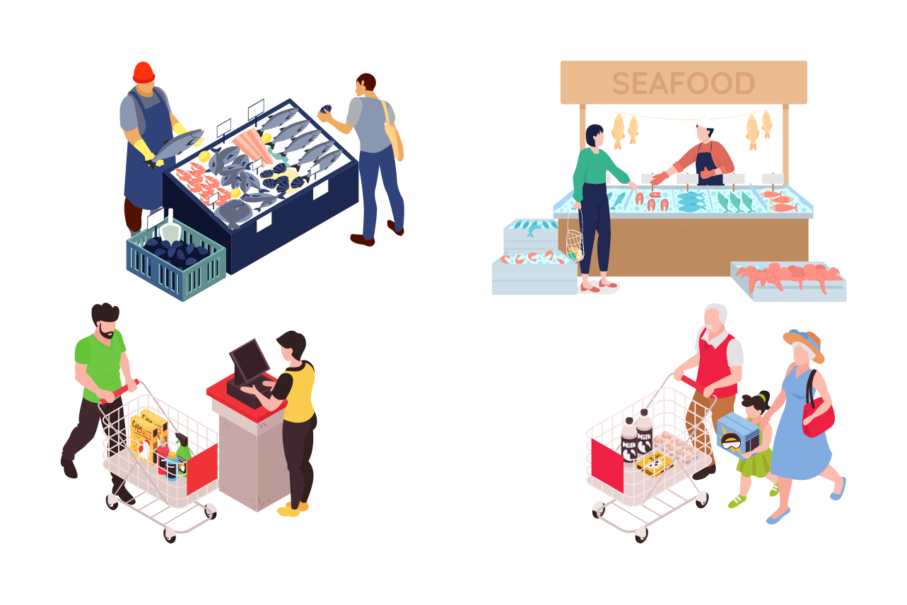 Ilustración isométrica de un supermercado con diferentes secciones. A la izquierda, un cliente selecciona pescado de un estante refrigerado, y a la derecha, un puesto de mariscos donde un vendedor entrega productos a un cliente. En el primer plano, una persona paga en la caja y otra empuja un carrito lleno de comestibles.