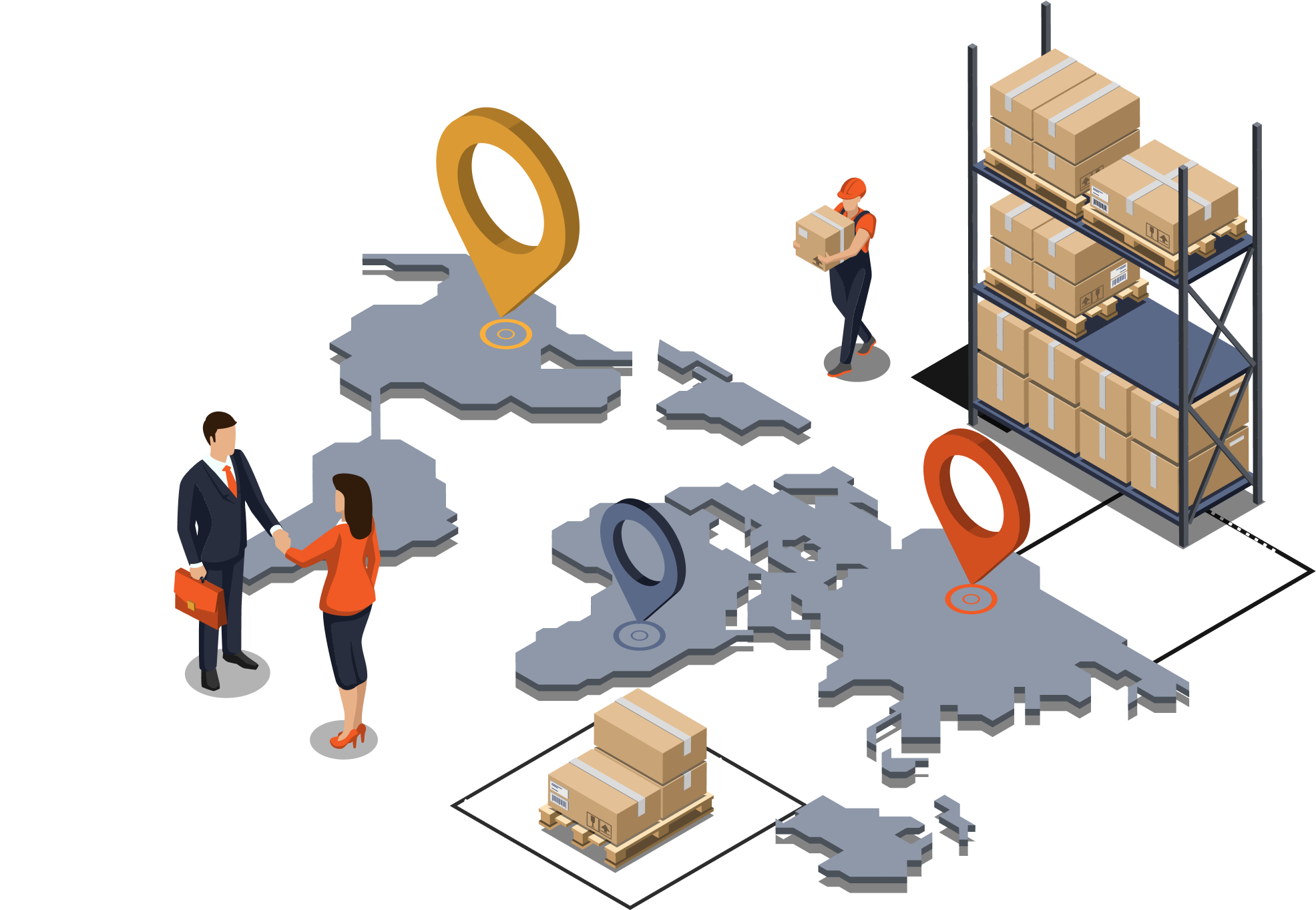 Ilustración donde se encuentran un trabajador organizando paquetes en un almacén, una reunión de negocios sobre un mapa de todo el mundo, destacando el flujo coordinado de mercancías.