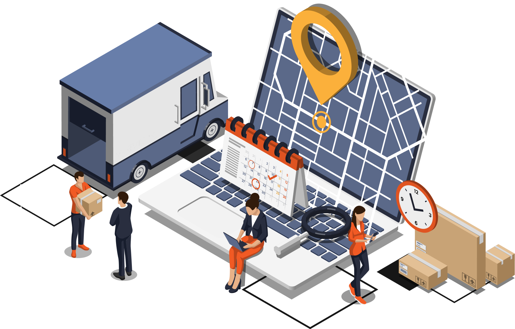 Ilustración isométrica de gestión eficiente de pedidos, mostrando dos personas utilizando dispositivos digitales cerca de un teclado de computadora gigante, paquetes y un reloj grande, con un mapa mundial de fondo.