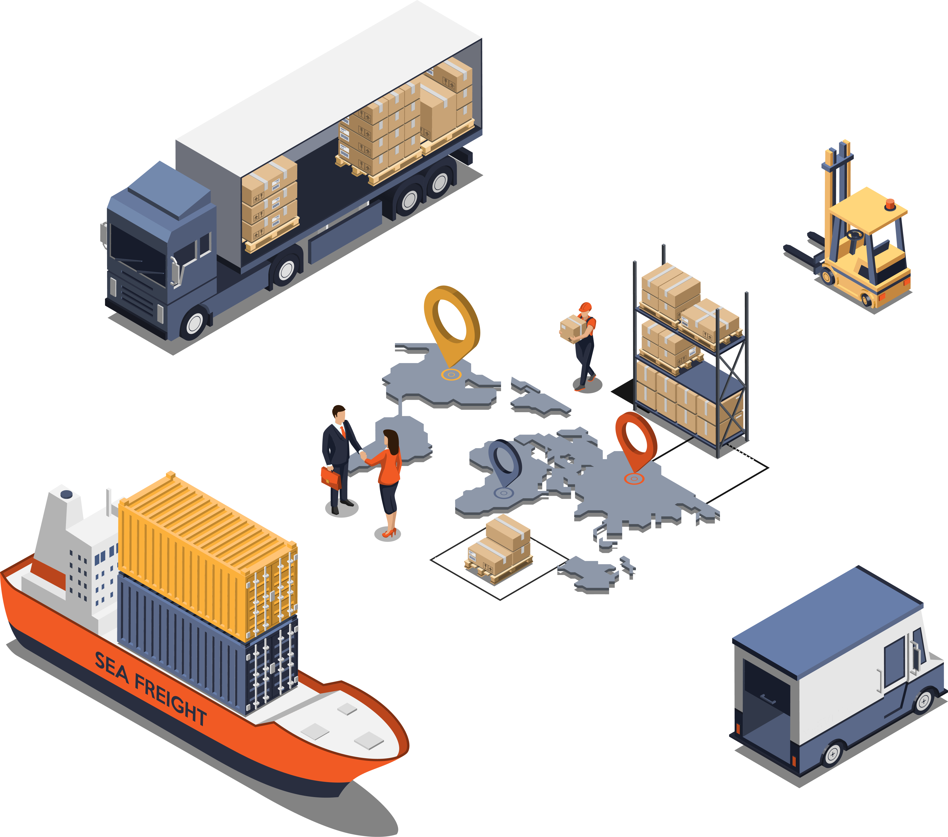 Ilustración isométrica de la logística global que incluye diferentes modos de transporte y manejo de carga. Se muestran un camión de carga completo, un trabajador organizando paquetes en un almacén, una grúa de carga, una reunión de negocios sobre un mapa de todo el mundo, un barco de carga marítima y una furgoneta de reparto, destacando el flujo coordinado de mercancías.